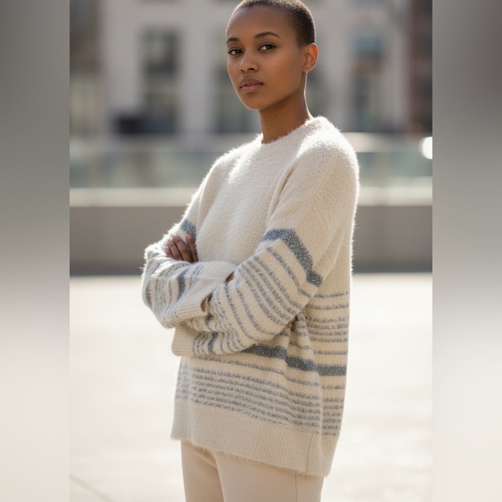 Mystree Cream Sweater with Gray Stripe Detail size M